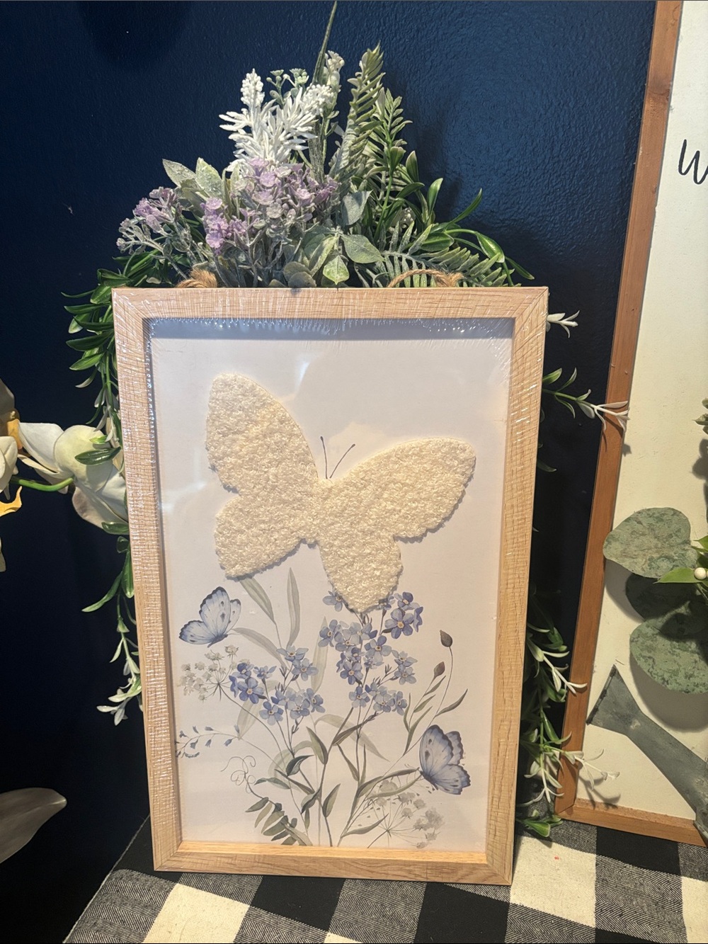 Textured White Butterfly Framed Wall Art with Blue Botanical Accents